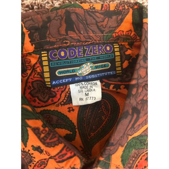 Code Zero Shirt Mens Medium Orange Paisley Cotton Button Up Vintage - Picture 3 of 7